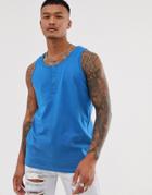 Asos Design Tank With Button Neck In Blue