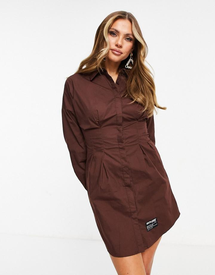 Sixth June Long Sleeve Mini Shirt Dress-brown