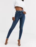 Asos Design Ridley High Waisted Skinny Jeans In Aged London Blue With Ripped Knees