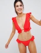 Asos Frill Plunge Triangle Bikini Top - Red