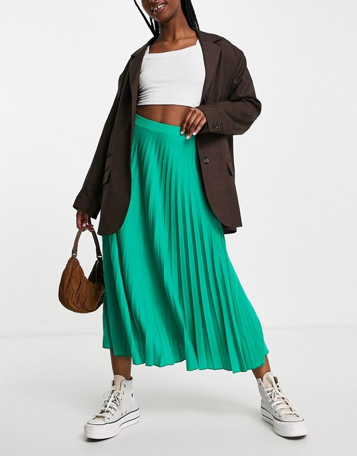 Asos Design Jersey Pleated Midi Skirt In Green-multi