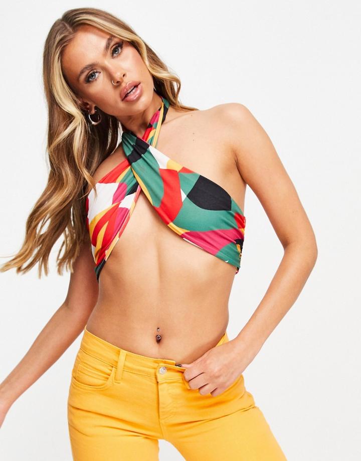 Public Desire Cross Front Crop Top In Abstract Print-multi