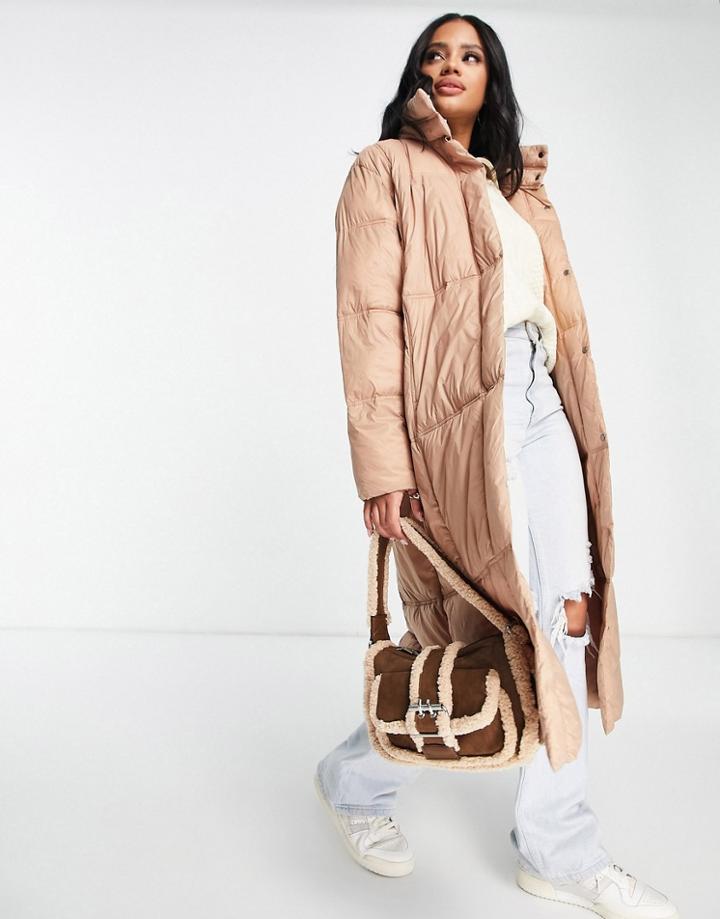 Qed London Maxi Puffer Coat In Taupe-brown