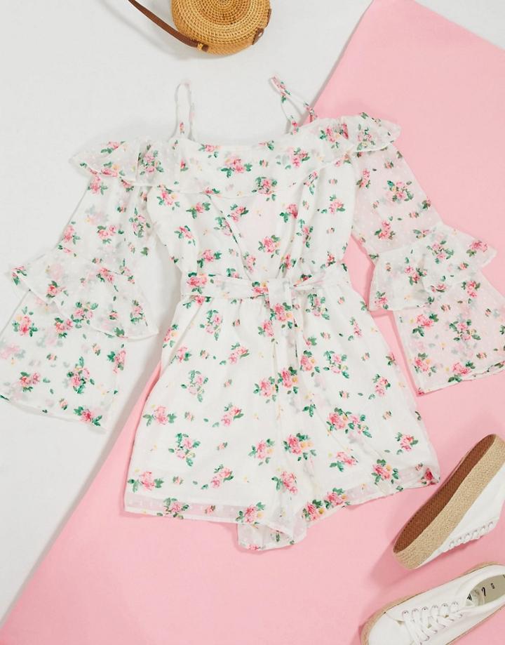 Topshop Bardot Romper In White Floral