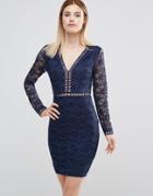 Ax Paris Plunge Front Mini Dress With Lace Sleeves - Navy