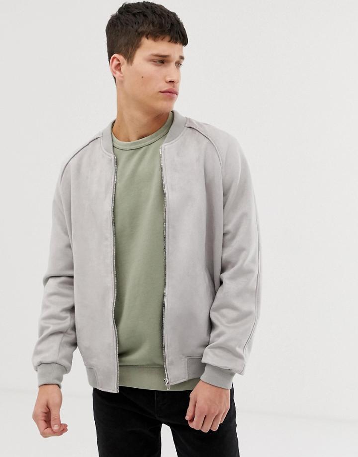 Asos Design Faux Suede Bomber Jacket In Gray - Gray