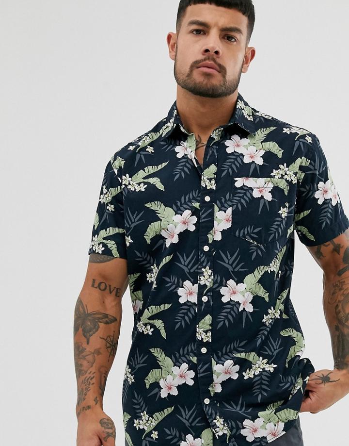 Jack & Jones Essentials Printed Short Sleeve Shirt In Navy