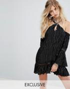 Kiss The Sky High Neck Swing Dress With Cold Shoulders In Metallic Stripe - Black