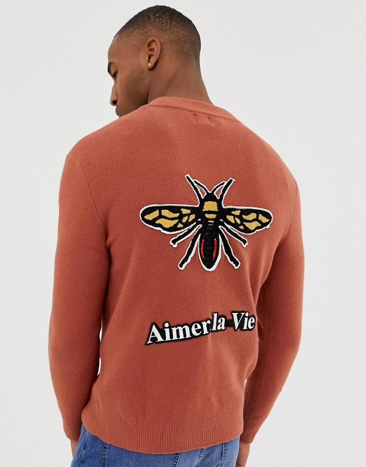 River Island Zip Up Sweater With Embroidery In Rust - Red