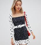 Asos Design Petite Mini Dress With Self Belt In Contrast Spot - Multi