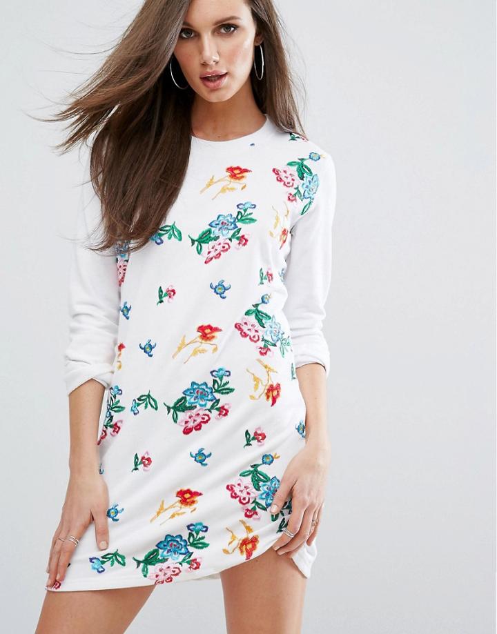 Missguided Embroidered Floral Sweater Dress - White