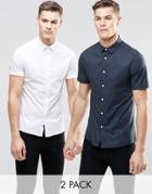 Asos Skinny Shirt In White And Charcoal With Short Sleeves 2 Pack Save 15%