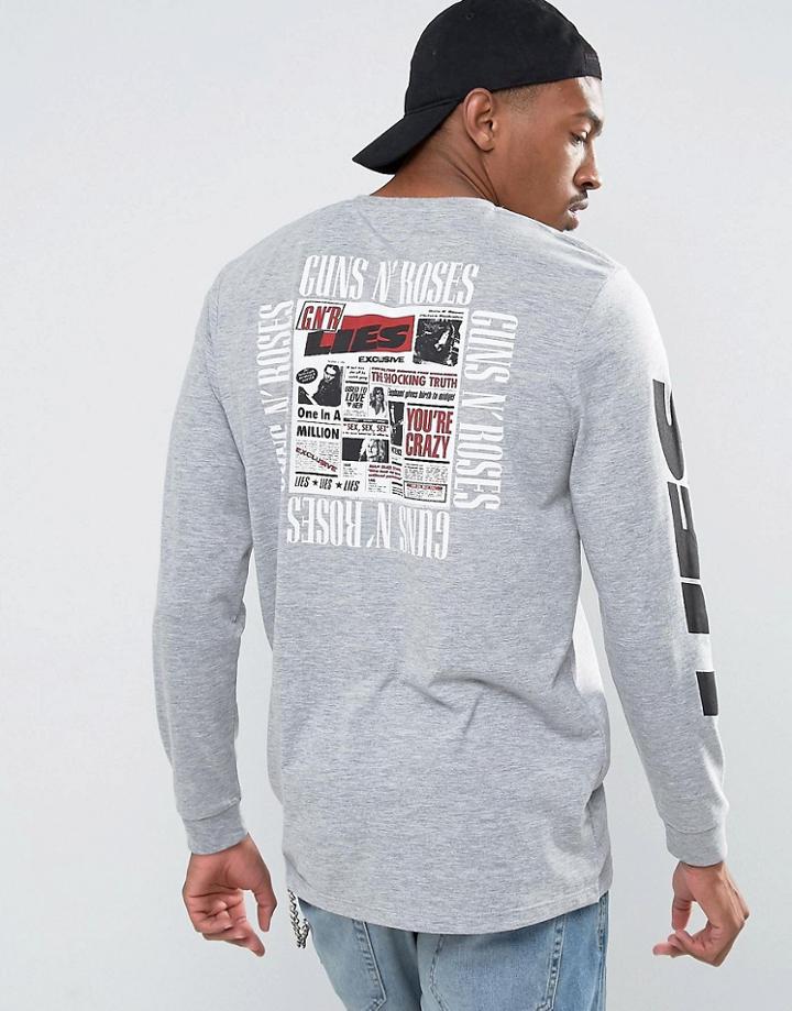 Asos Guns And Roses Longline Long Sleeve Band T-shirt - Gray