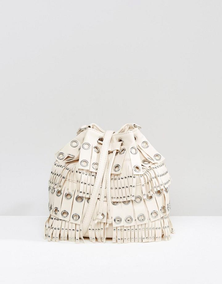 Mango Fringed Eyelet Bucket Bag - Cream