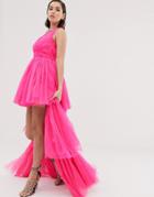Lace & Beads Tulle Layered Maxi Dress In Neon Pink - Pink