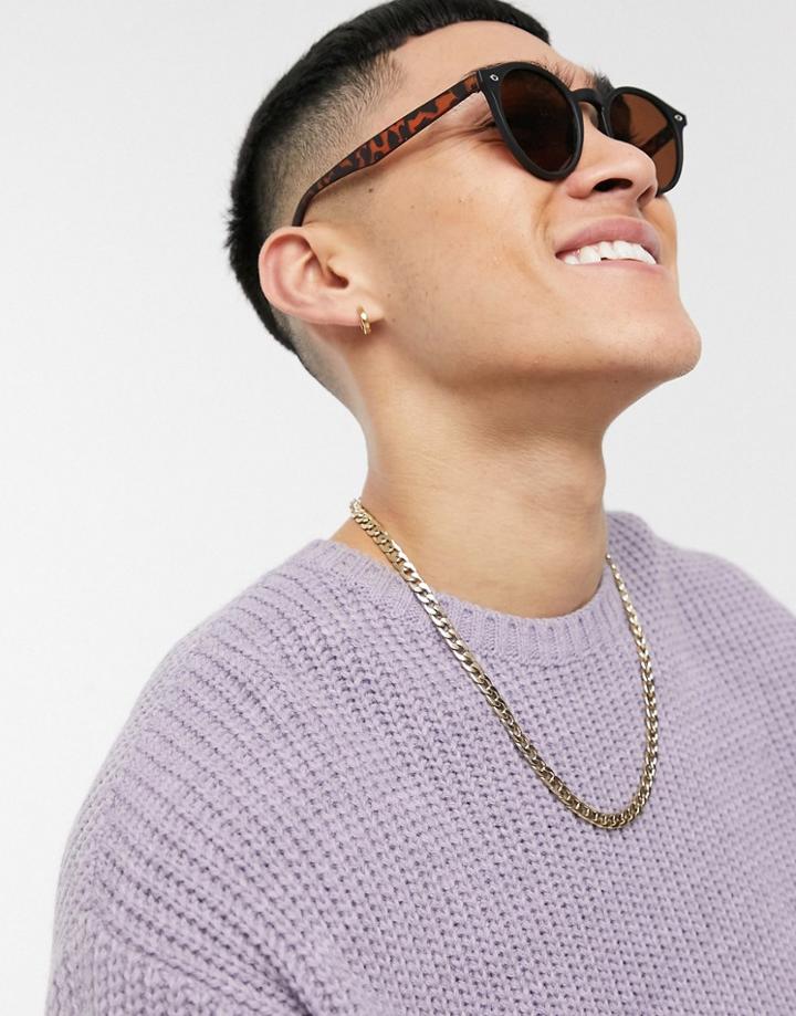 Asos Design Round Sunglasses In Black With Tortoiseshell Detail - Black