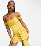 Collective The Label Exclusive Off Shoulder Drape Satin Mini Dress In Gold