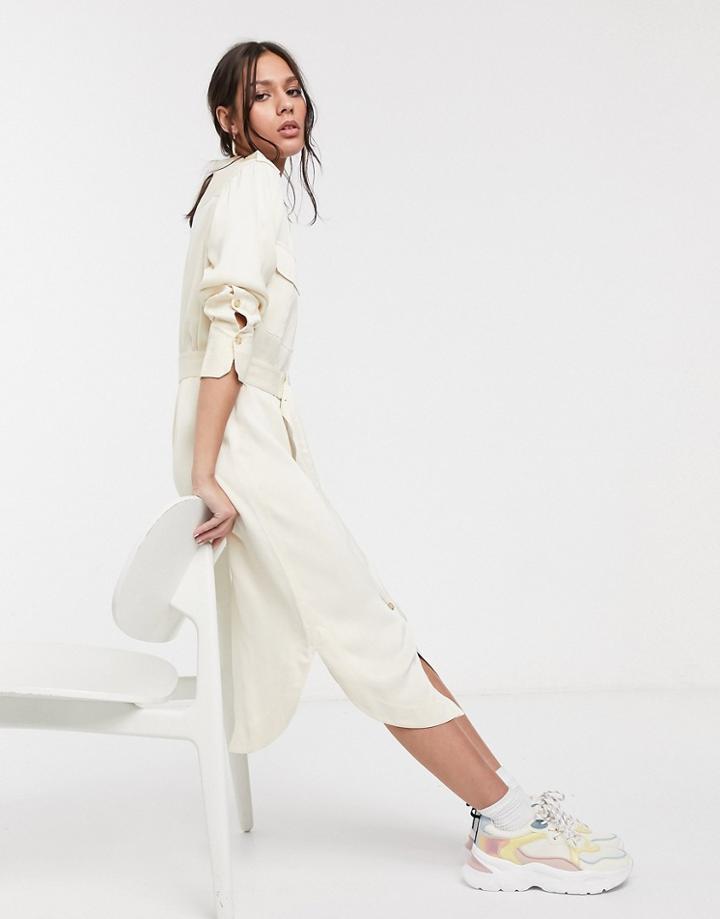 Levete Room Belted Utility Midi Shirt Dress In Cream-white