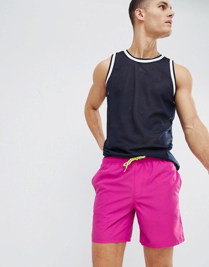 Asos Design Swim Short In Purple With Neon Drawcord In Mid Length - Purple