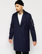 Asos Overcoat With Ma1 Pocket In Navy - Navy