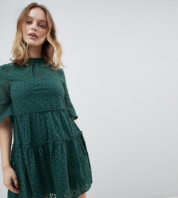 New Look Petite Cutwork Broderie Smock Dress - Green