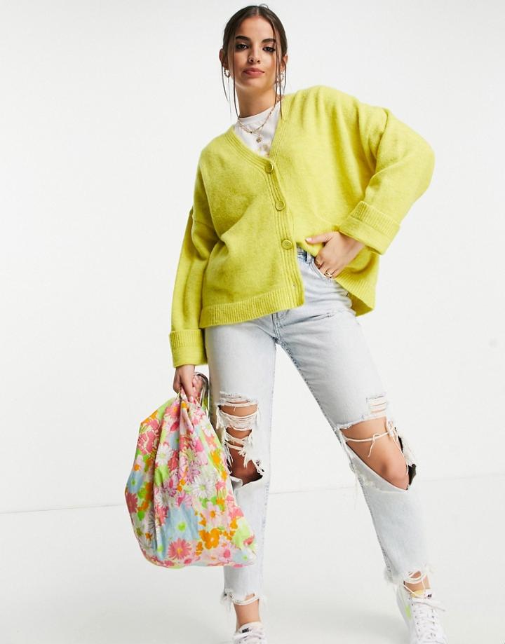 Asos Design Oversized Cardigan With Turnback Cuff And Pocket In Yellow