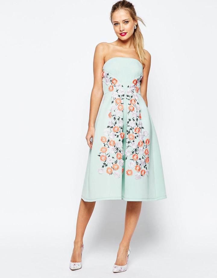 Asos Salon Floral Embroidered Bandeau Midi Prom Dress - Green
