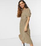 Asos Design Petite Midi Tiered Smock Dress In Camel And Black Check-brown