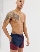 Asos Design Swim Shorts In Navy & Burgundy Cut & Sew In Short Length