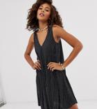 Asos Design Tall Exclusive Sleeveless Plisse Mini V-neck Swing Dress In Mono Spot-multi