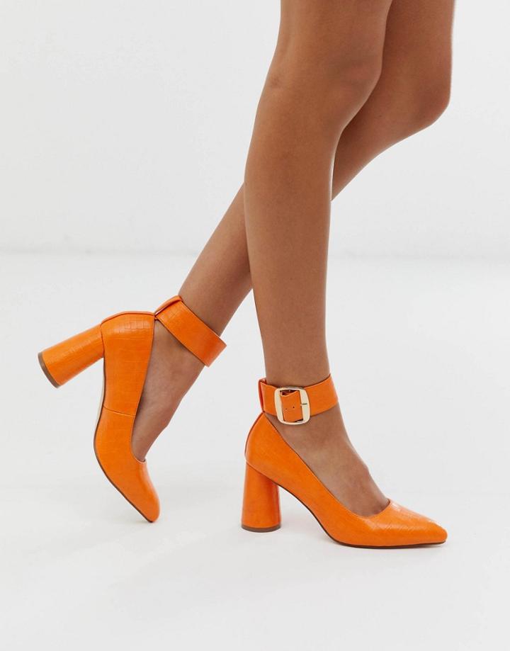 London Rebel Circular Heeled Shoes In Orange Croc - Orange