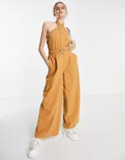 Asos Design Cross Front Halter Neck Jumpsuit With Wicker Belt In Sand-neutral