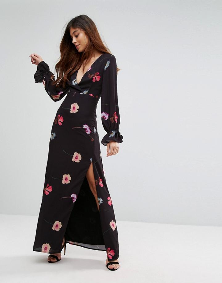 Oh My Love Plunge Maxi Dress With Tie Cuffs - Multi