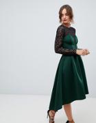 Asos Design Long Sleeve Lace Top Prom Midi Dress-green