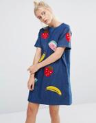Lazy Oaf Denim Shift Dress With Fruit Patches - Blue