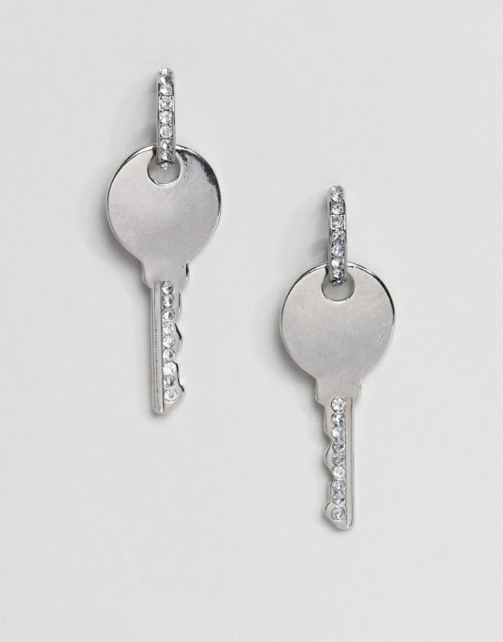 Asos Design Earrings With Key Charm And Crystal Detail In Silver - Silver