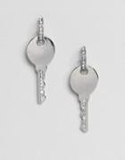 Asos Design Earrings With Key Charm And Crystal Detail In Silver - Silver