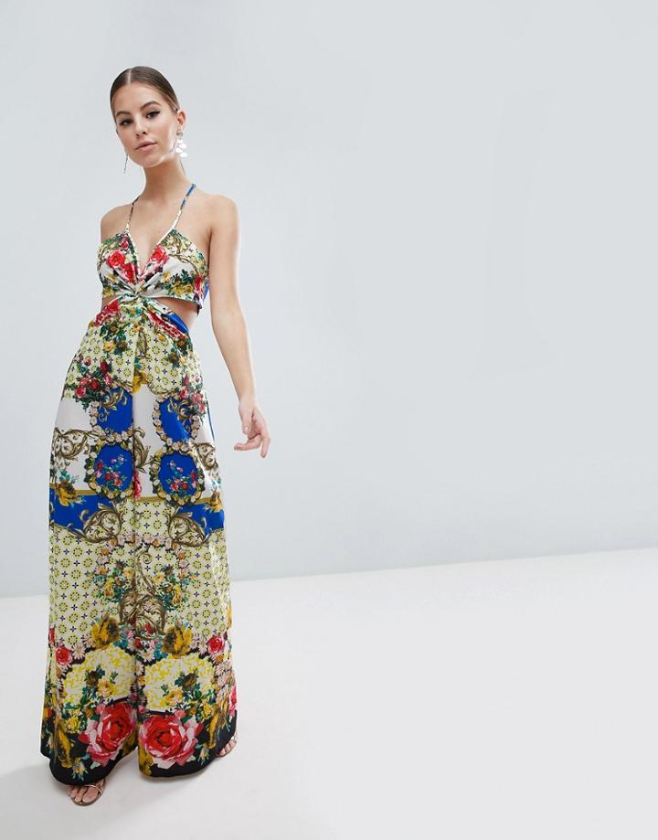 Asos Design Jumpsuit With Twist Front In Floral Tile Print - Multi