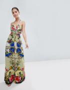 Asos Design Jumpsuit With Twist Front In Floral Tile Print - Multi