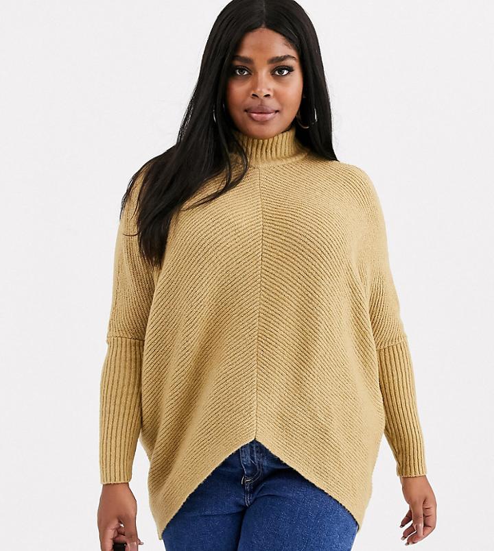 Simply Be High Neck Ribbed Sweater In Camel