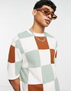 Asos Design Knitted Oversized Checkerboard T-shirt In Beige-neutral