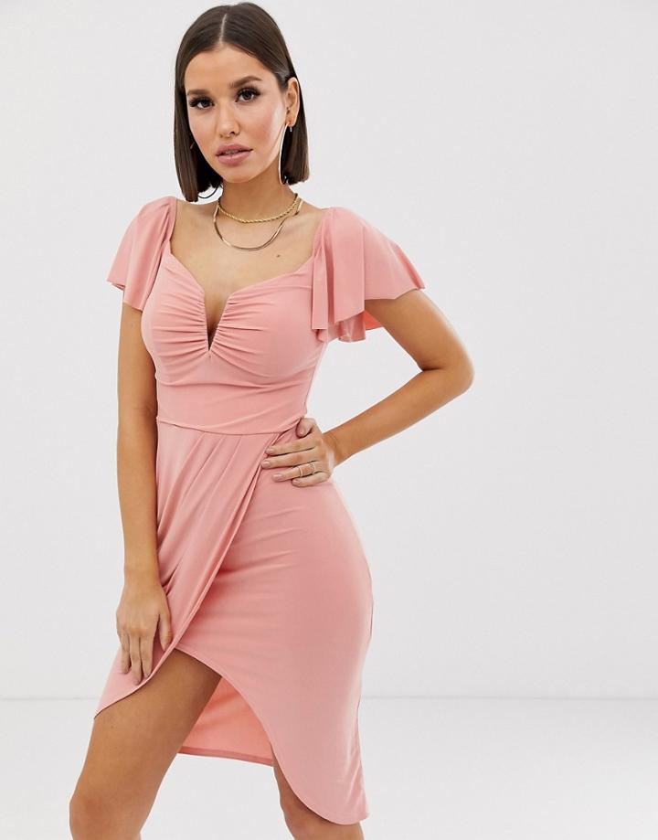 Club L London Plunge Ruffle Sleeve Midi Dress - Beige