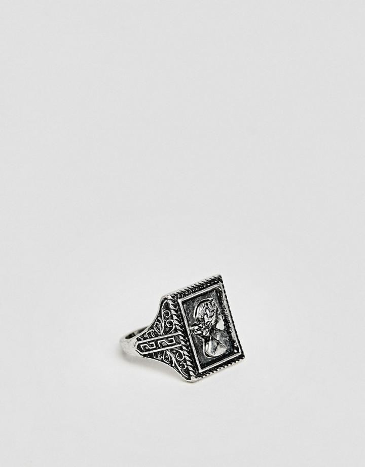 Asos Design Coin Head Style Ring In Burnished Silver Tone - Silver