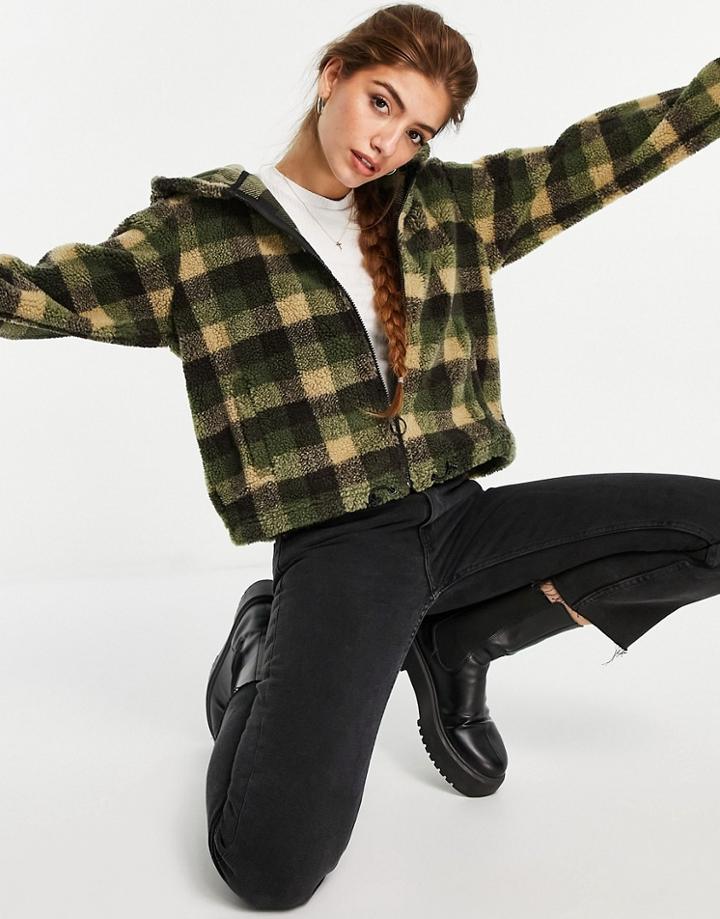 Stradivarius Sherpa Jacket In Brown Plaid
