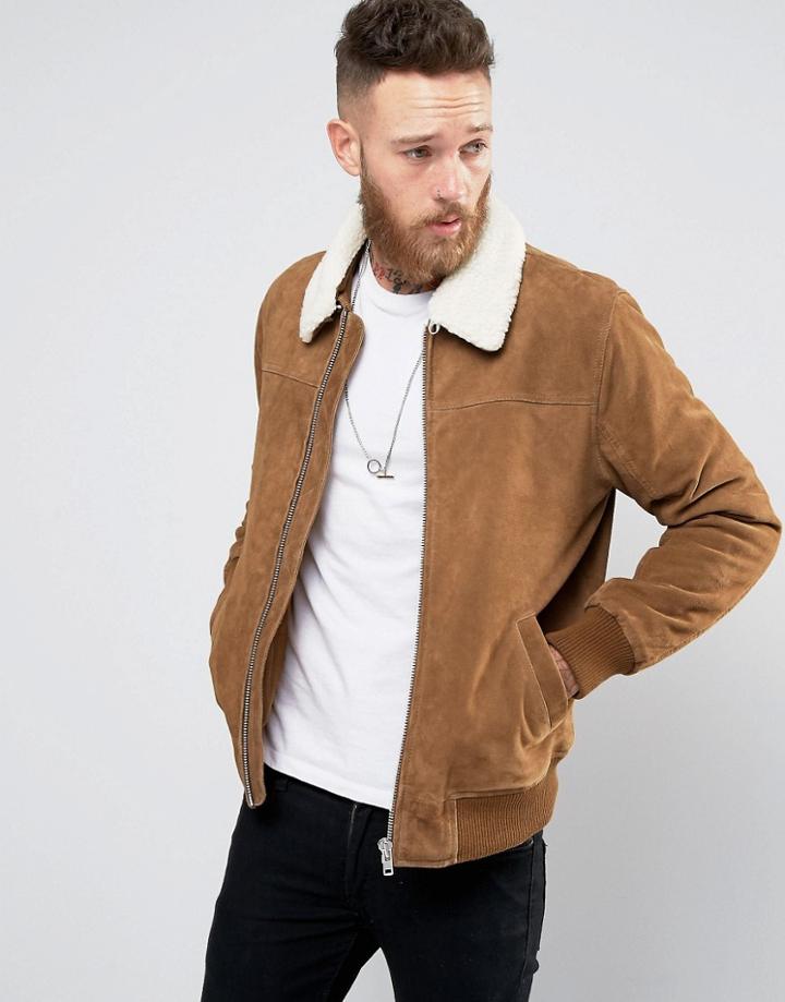 Asos Leather Flight Jacket With Borg In Tan - Tan