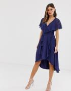 Asos Design Cape Back Dipped Hem Midi Dress In Navy-blues