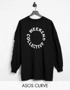Asos Weekend Collective Curve Oversized Long Sleeved T-shirt With Back Logo In Black