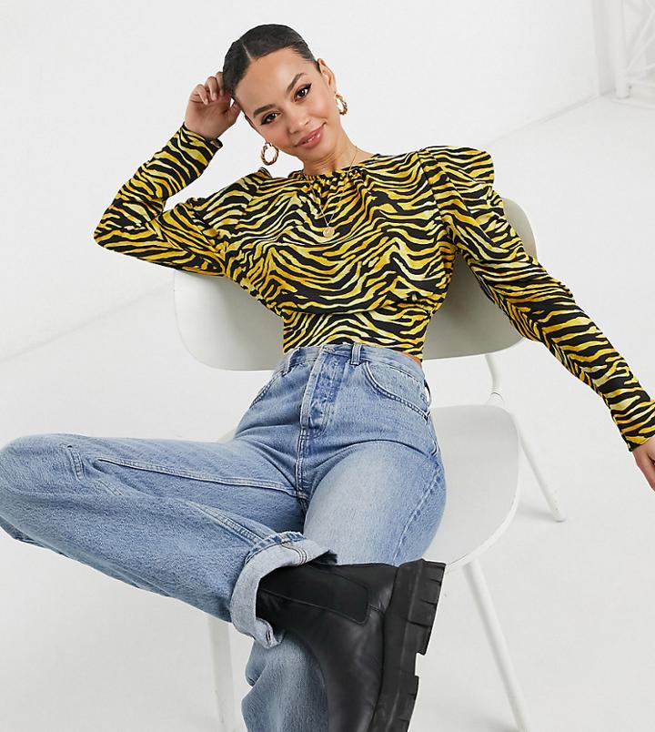 Asos Design Tall Long Sleeve Volume Sleeve Blouse In Tiger Print-multi