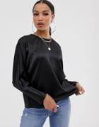 Asos Design Batwing Top In Satin With Wrap Back-black