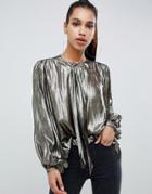 Asos Design Long Sleeve Oversized Blouse In Metallic With Pussybow-gold